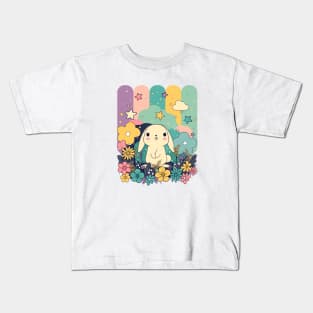 Cute Kawaii Easter Bunny surrounded by flowers Kids T-Shirt